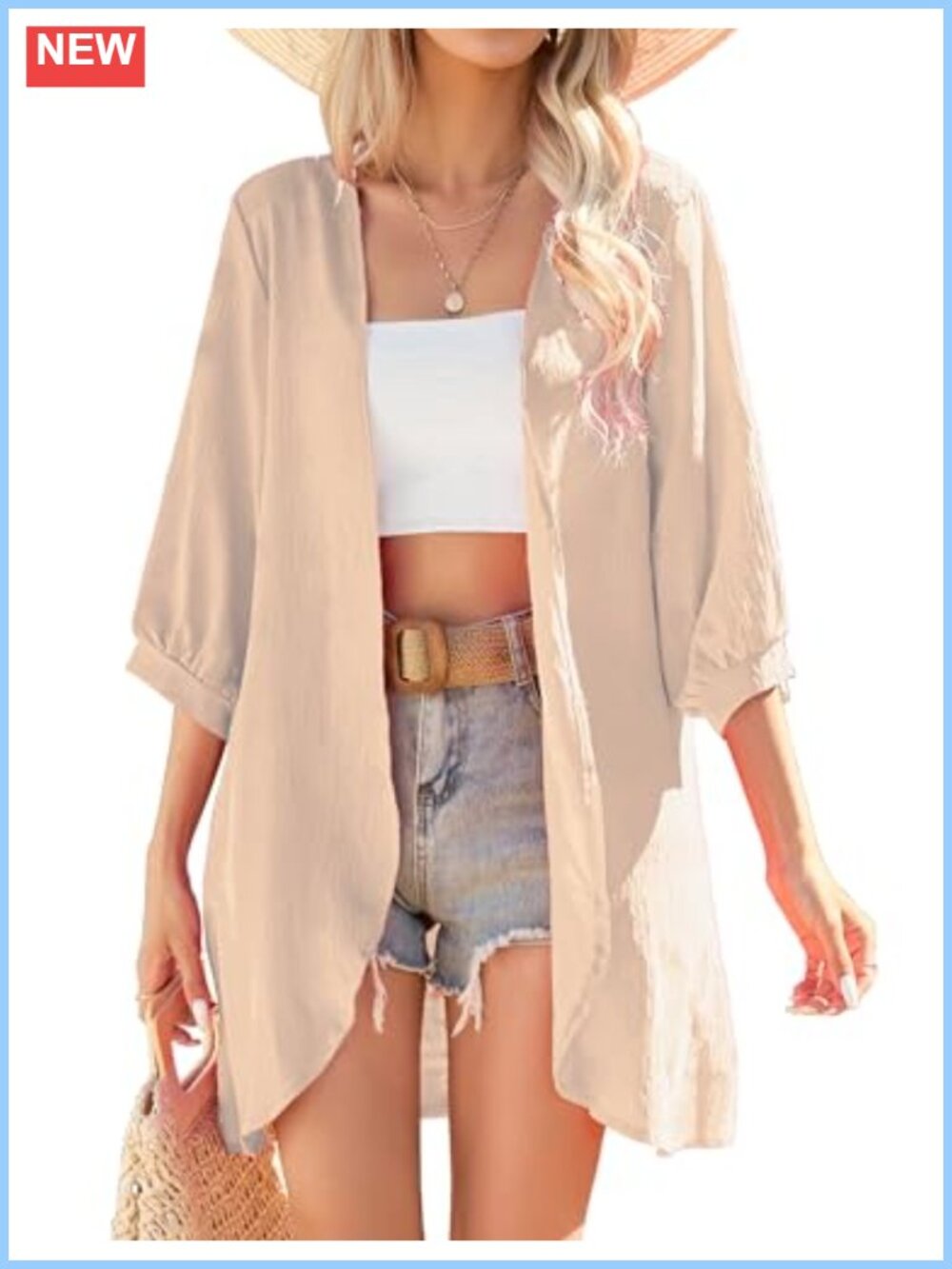 Kimono Cardigan 3/4 Sleeve Lightweight Beach Cover Up Loose Fit Summer Sweater